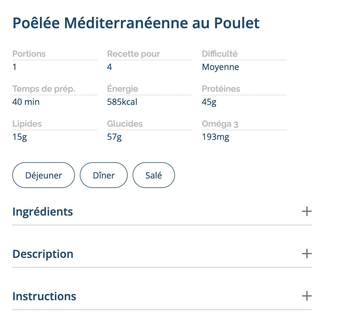 Capture d'écran d'une recette affichant les ingrédients, les étapes de préparation et les informations nutritionnelles